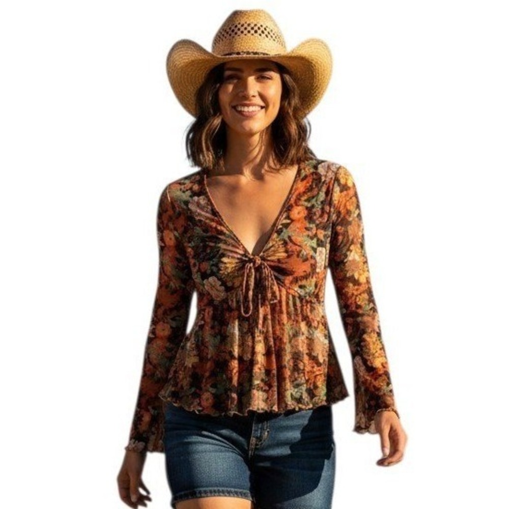 NWT Y2k Babydoll Mesh Womens size Small Boho Retro Hippie Western Indie Bell Top